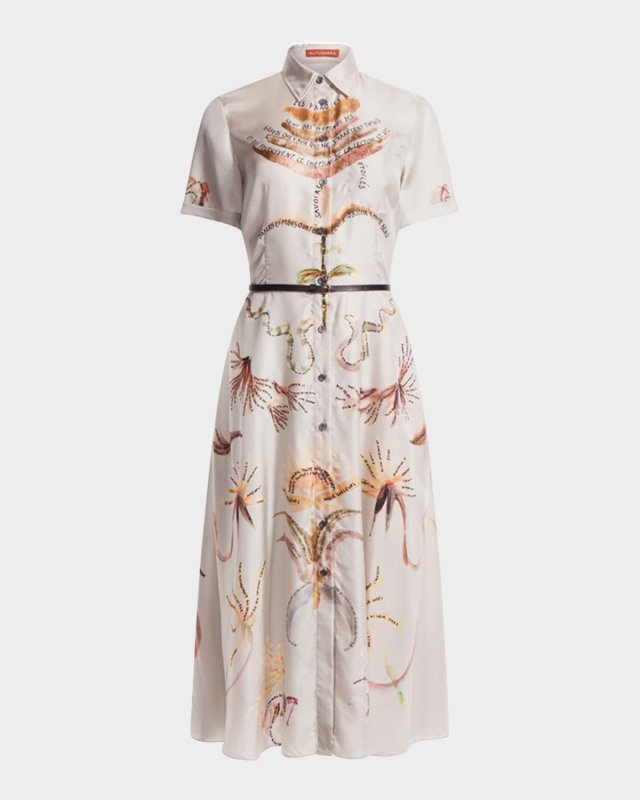 Kiera Printed Short-Sleeve Silk Midi Shirtdress